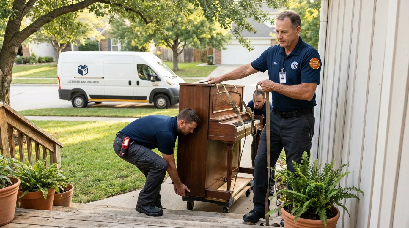 Licensed piano movers securing grand piano in Milford, OH