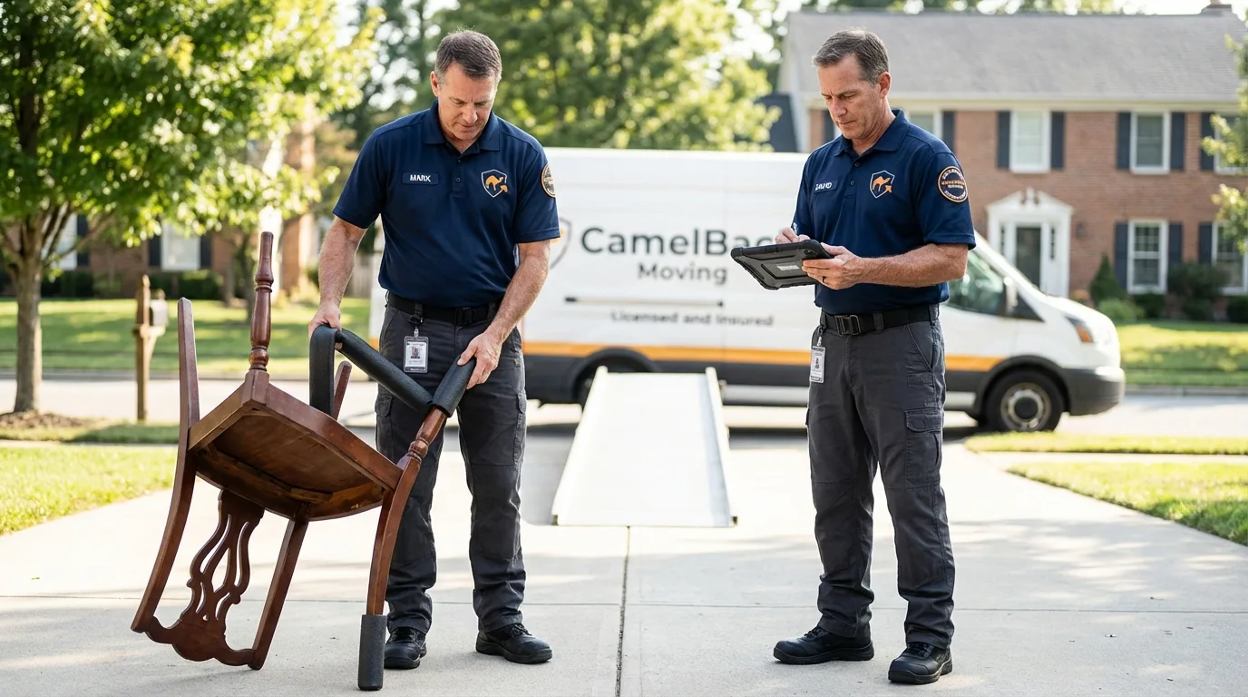 Movers inspecting furniture for damage prevention before loading in Milford, OH