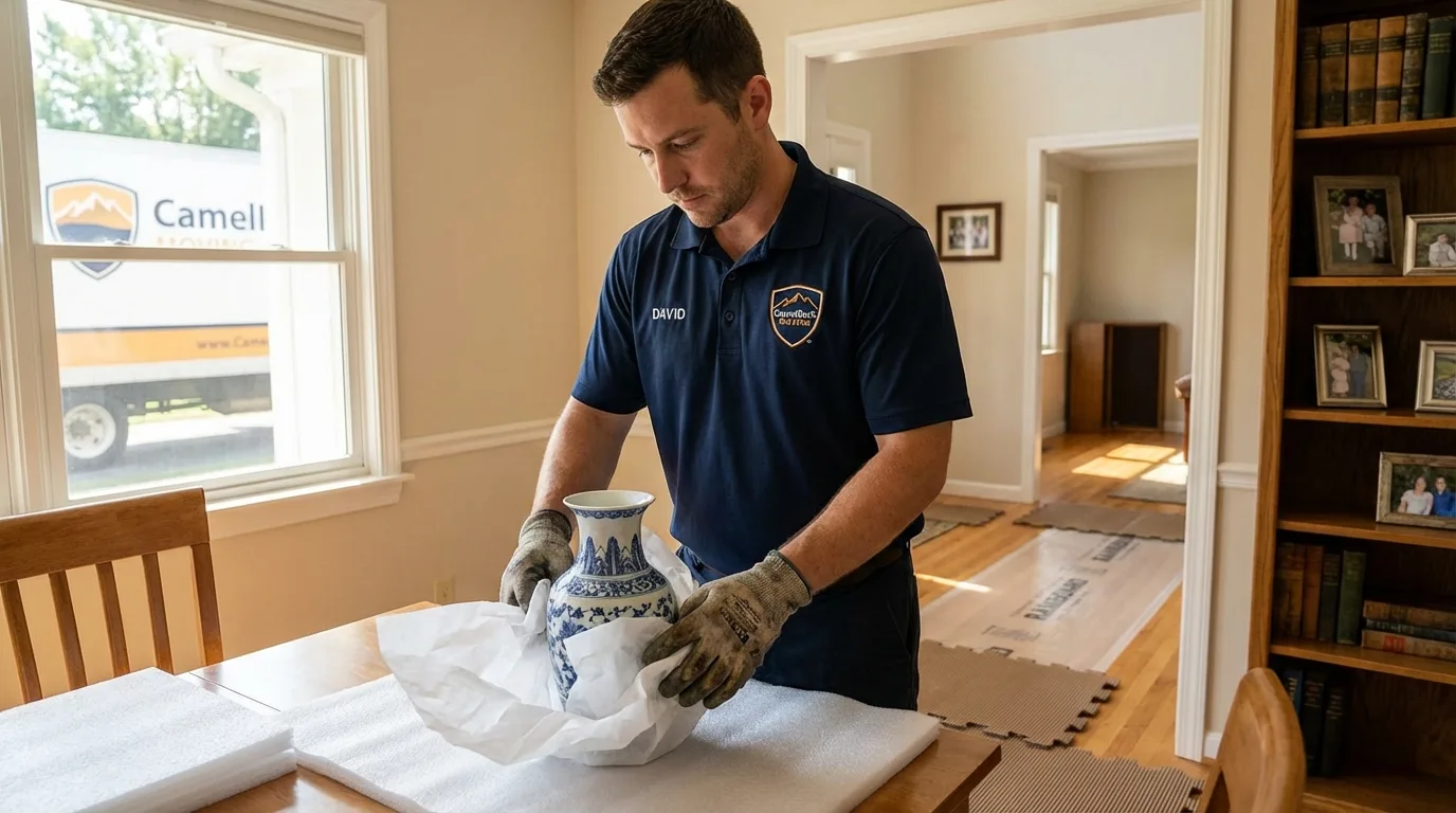 Professional crew carefully wrapping antique vase for senior downsizing move in Milford, OH